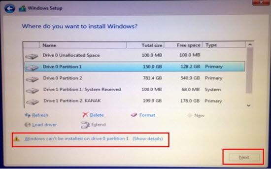 cai windows 10 bao loi windows can t be installed on driver 0 partition 1